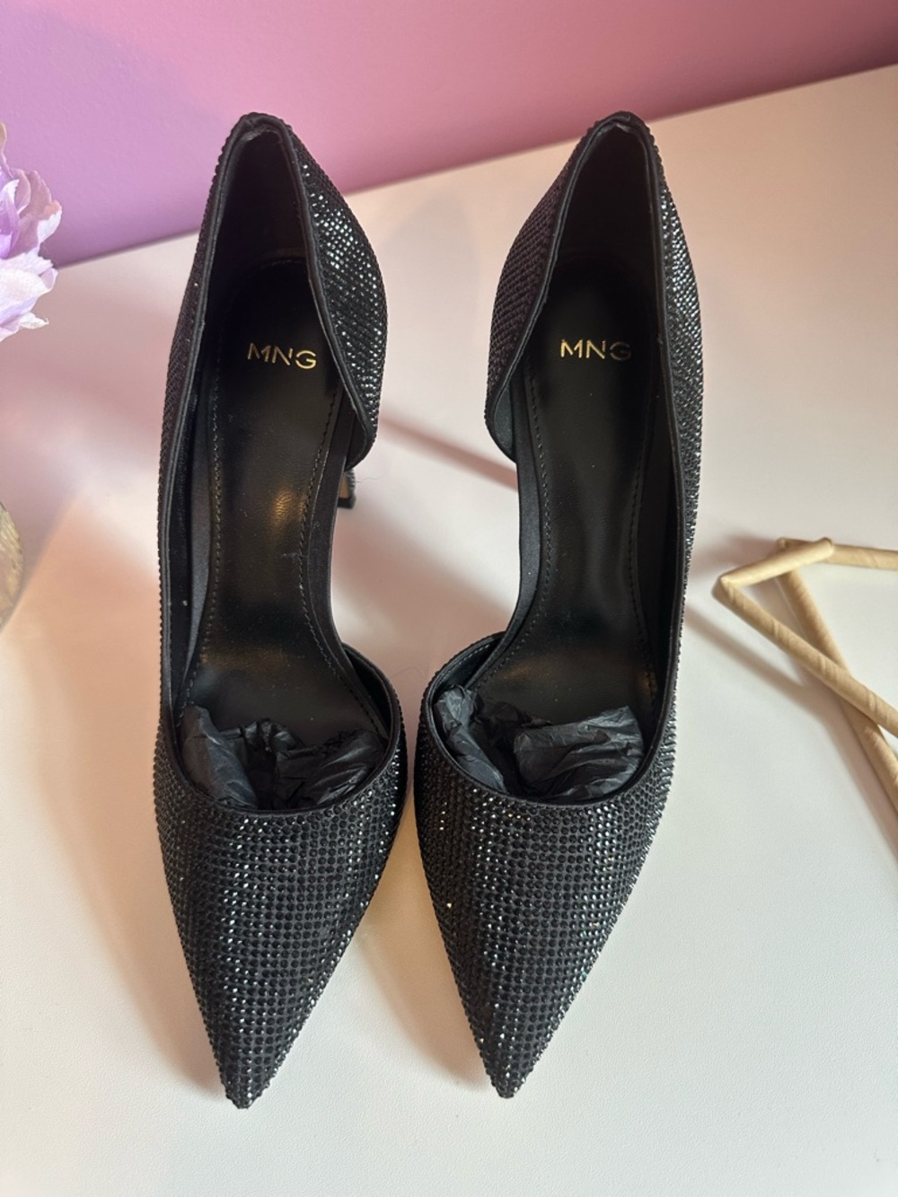 Mango Black Crystal Embellished Pointed-Toe Heels